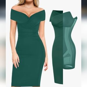 Elegant Off-Shoulder Green Dress With Built In Shapewear New